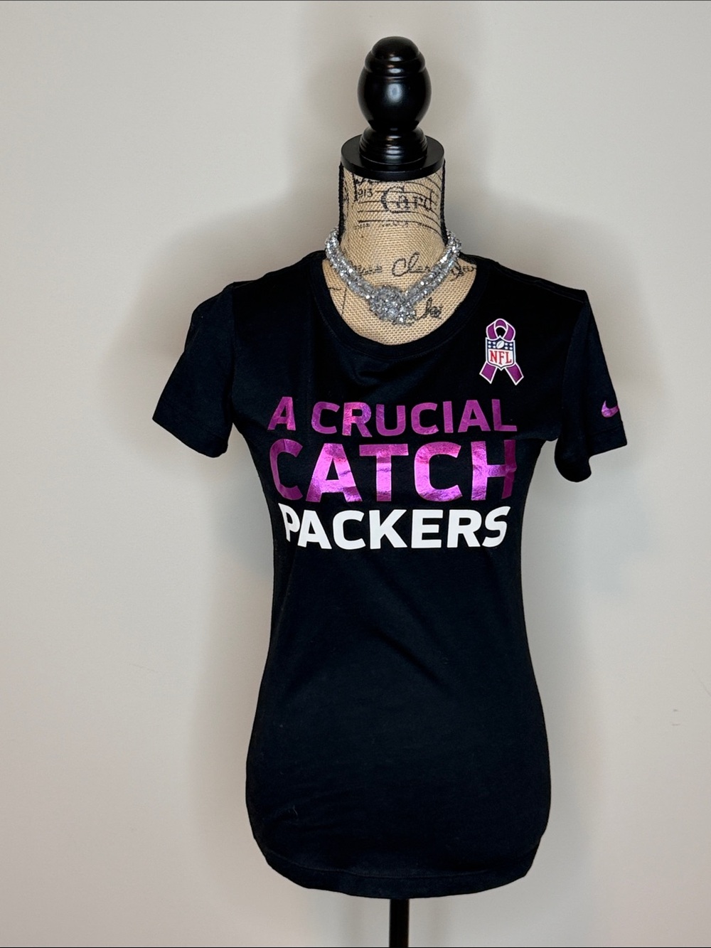 Nike Black Women's 'A Crucial Catch' Packers Tee with Pink Accents